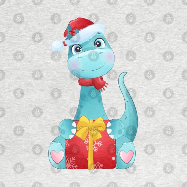 Cute Blue Diplodocus Christmas Dinosaur With Santa Hat by P-ashion Tee